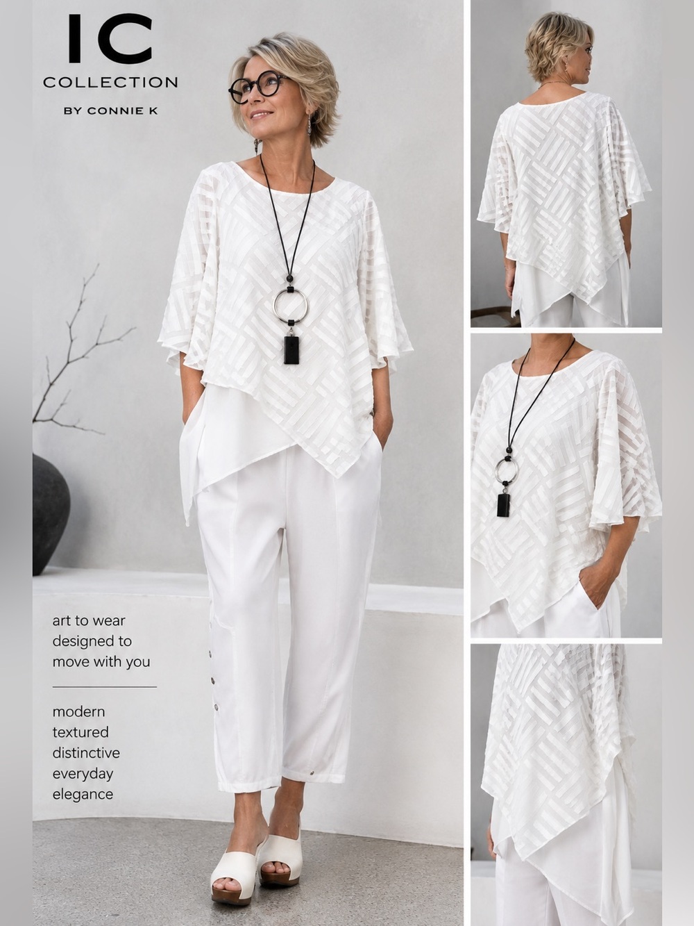 IC Collection by Connie K White Textured Asymmetrical Chiffon Top Sz S